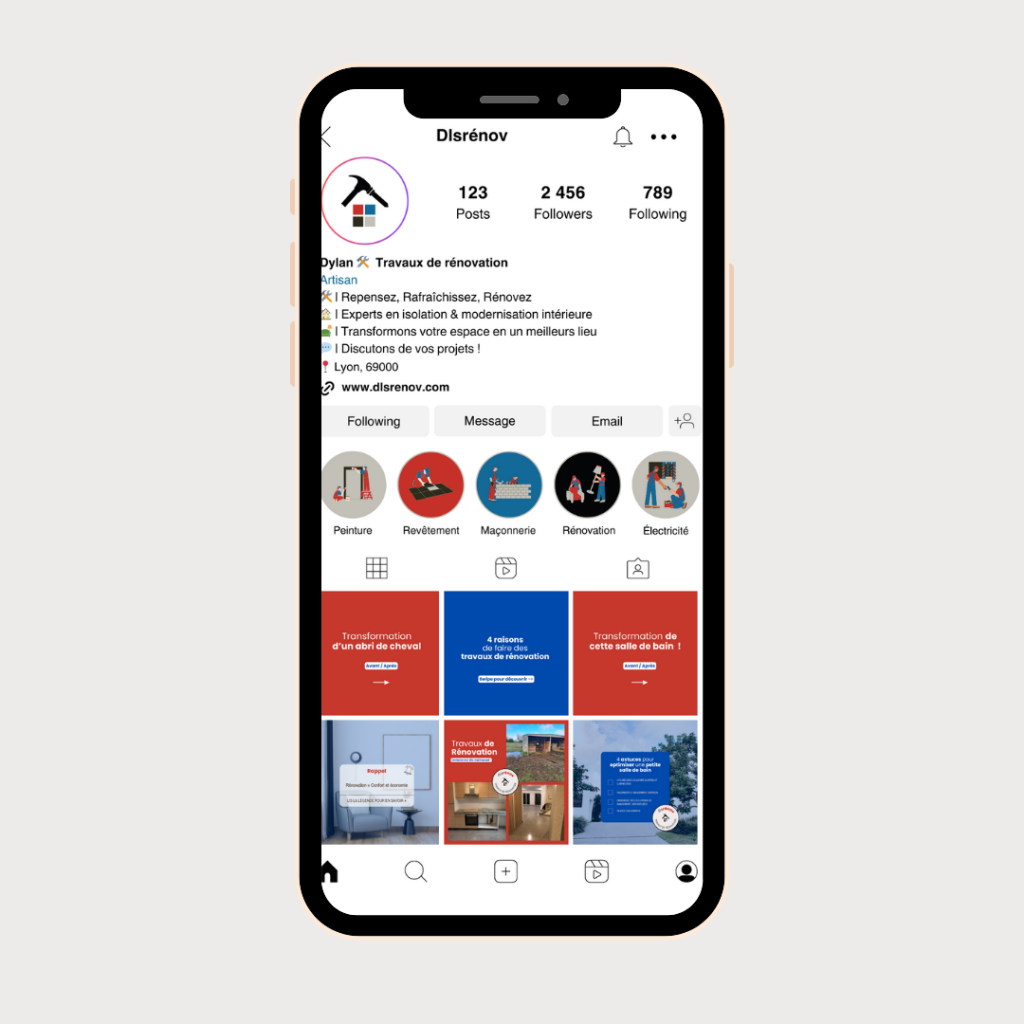Profil instagram d'une entreprise de rénovation en Nord isère. Cohérent professionel et optimisé